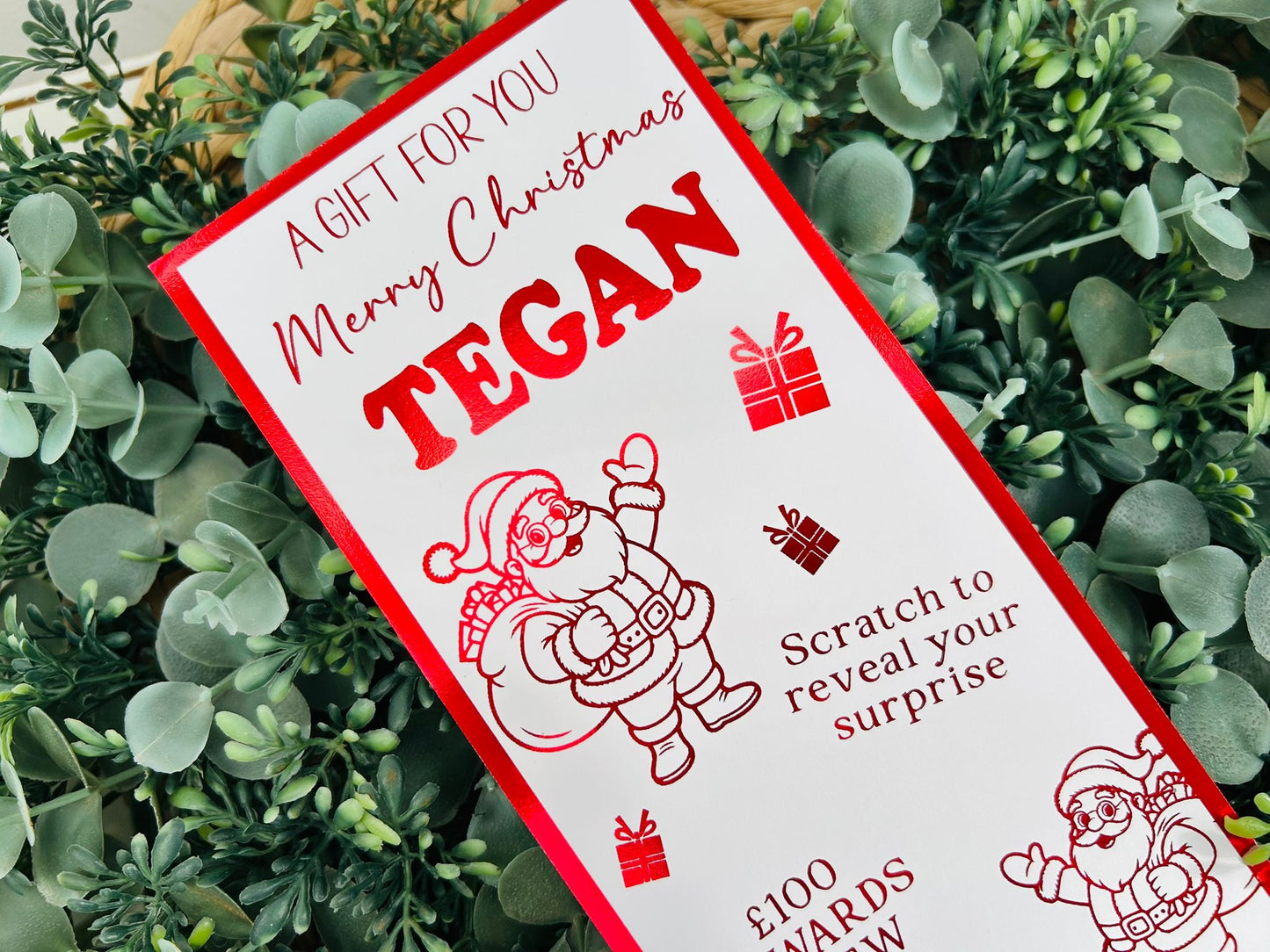 Personalised Foil Christmas Card, Surprise Reveal Scratch Off Ticket, Santa Claus