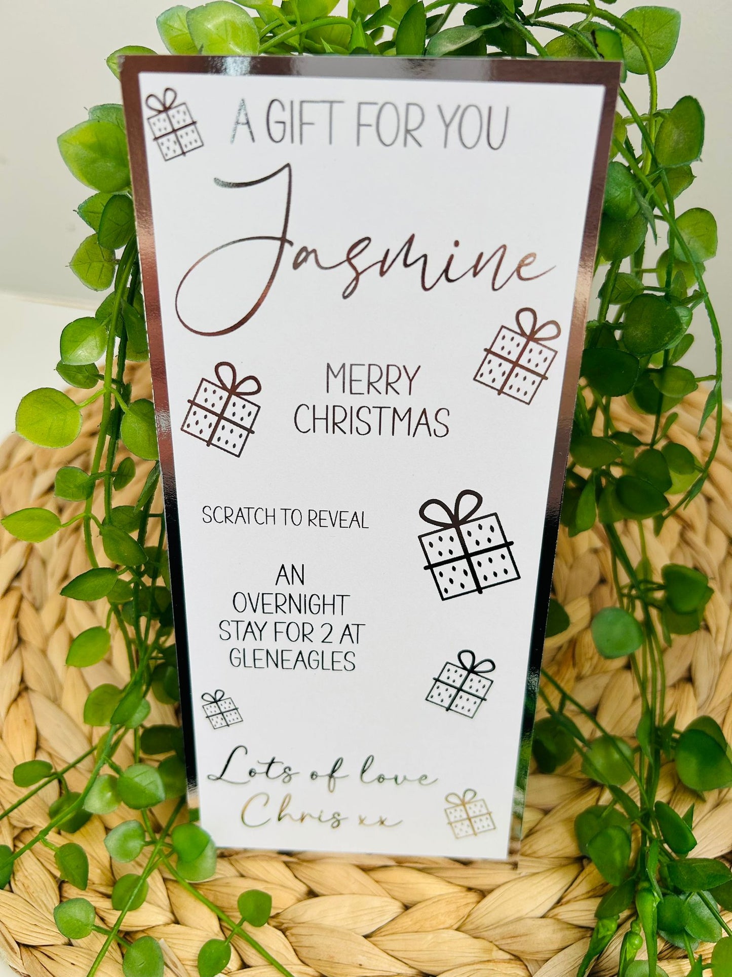 Personalised Foil Christmas Card, Surprise Reveal Scratch Off Ticket, Overnight Stay, Meal