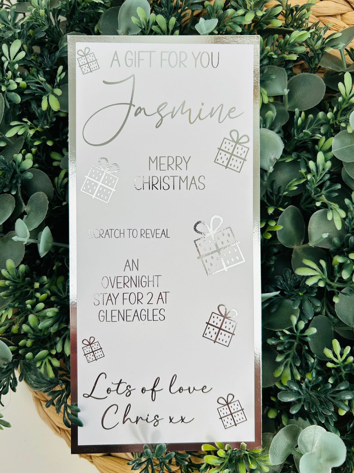 Personalised Foil Christmas Card, Surprise Reveal Scratch Off Ticket, Overnight Stay, Meal