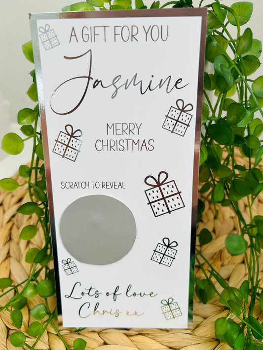 Personalised Foil Christmas Card, Surprise Reveal Scratch Off Ticket, Overnight Stay, Meal