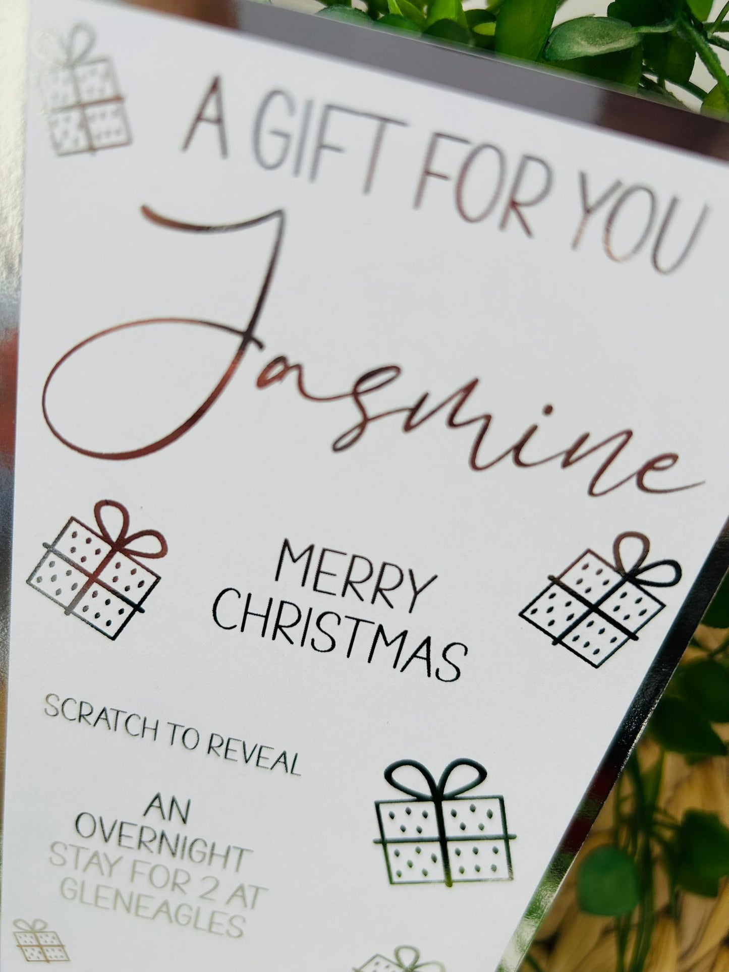 Personalised Foil Christmas Card, Surprise Reveal Scratch Off Ticket, Overnight Stay, Meal