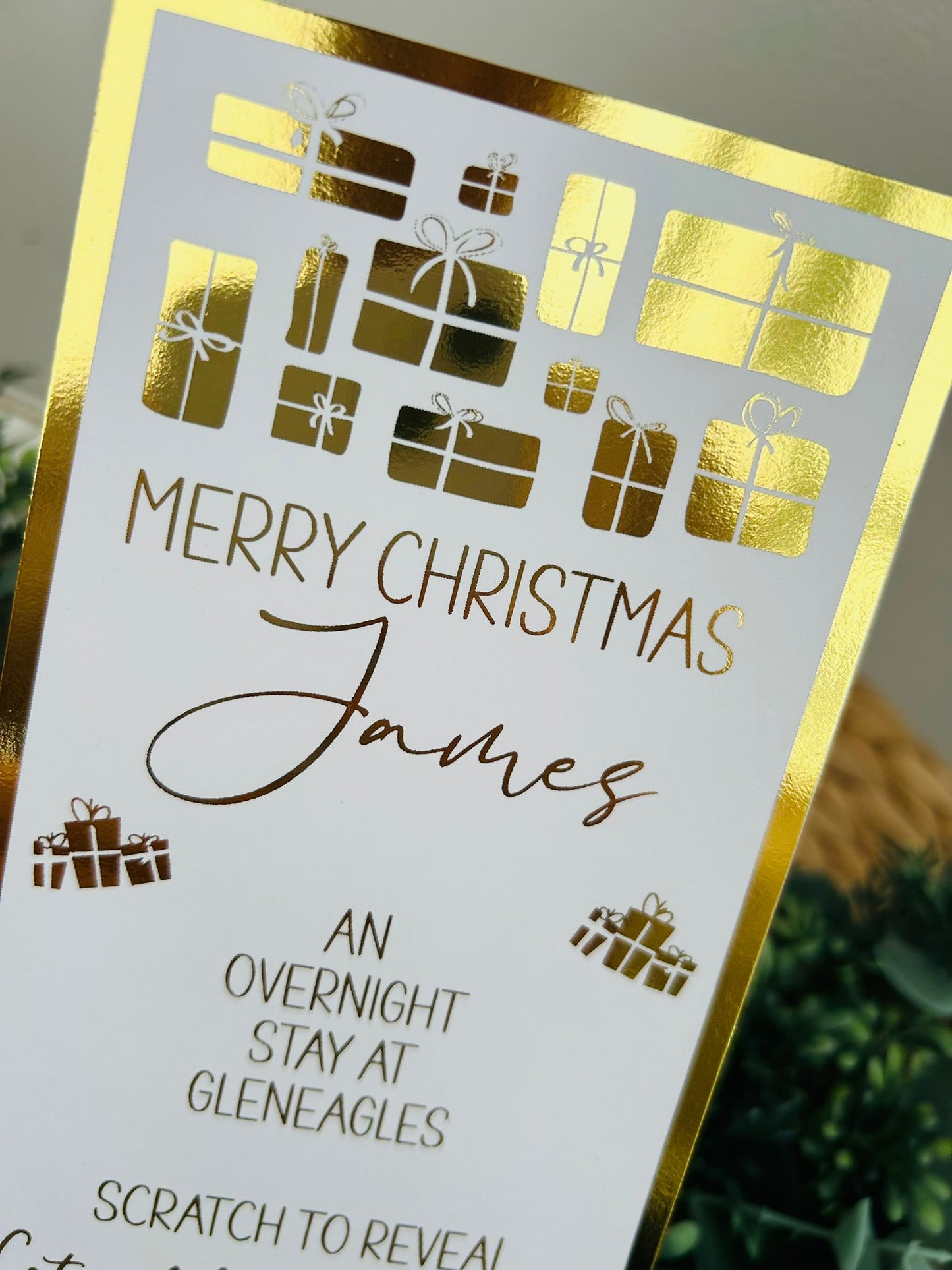 Personalised Foil Christmas Card, Surprise Reveal Scratch Off Ticket, Overnight Stay