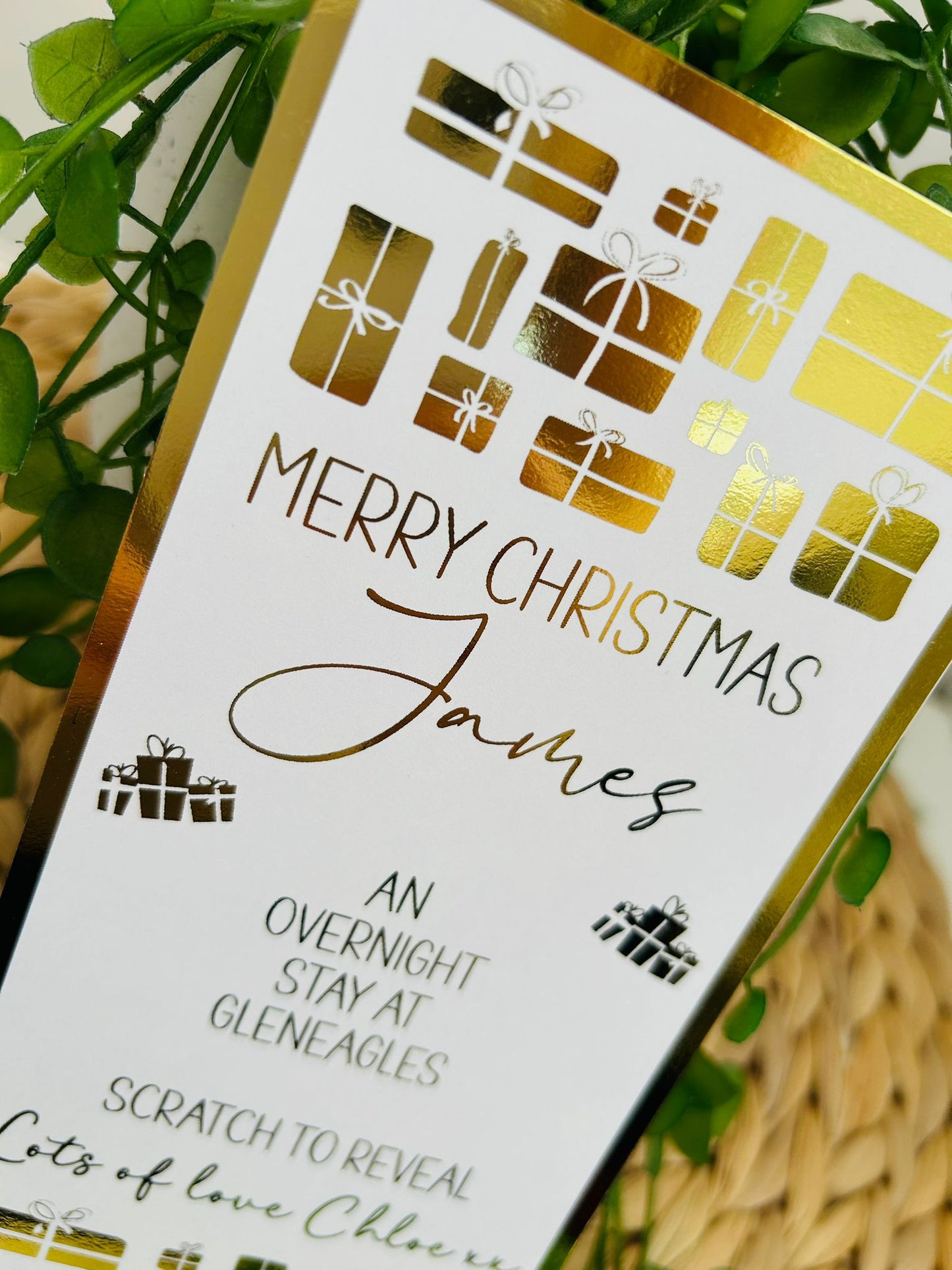 Personalised Foil Christmas Card, Surprise Reveal Scratch Off Ticket, Overnight Stay