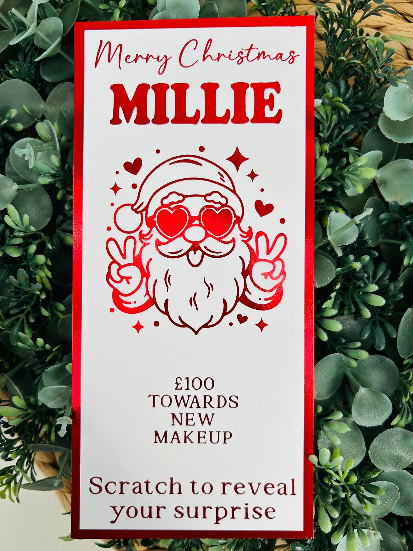 Personalised Foil Christmas Card, Surprise Reveal Scratch Off Ticket, Cool Santa