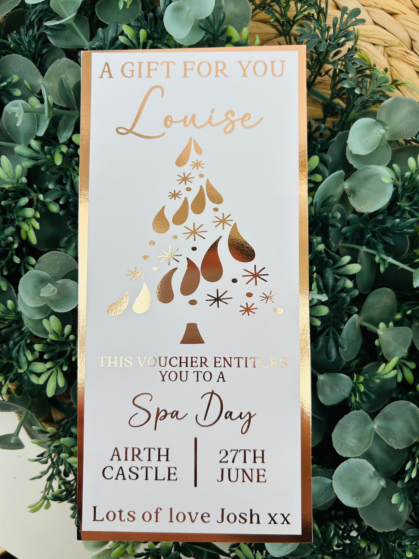 Personalised Foil Christmas Card, Surprise Foil Voucher Spa Day