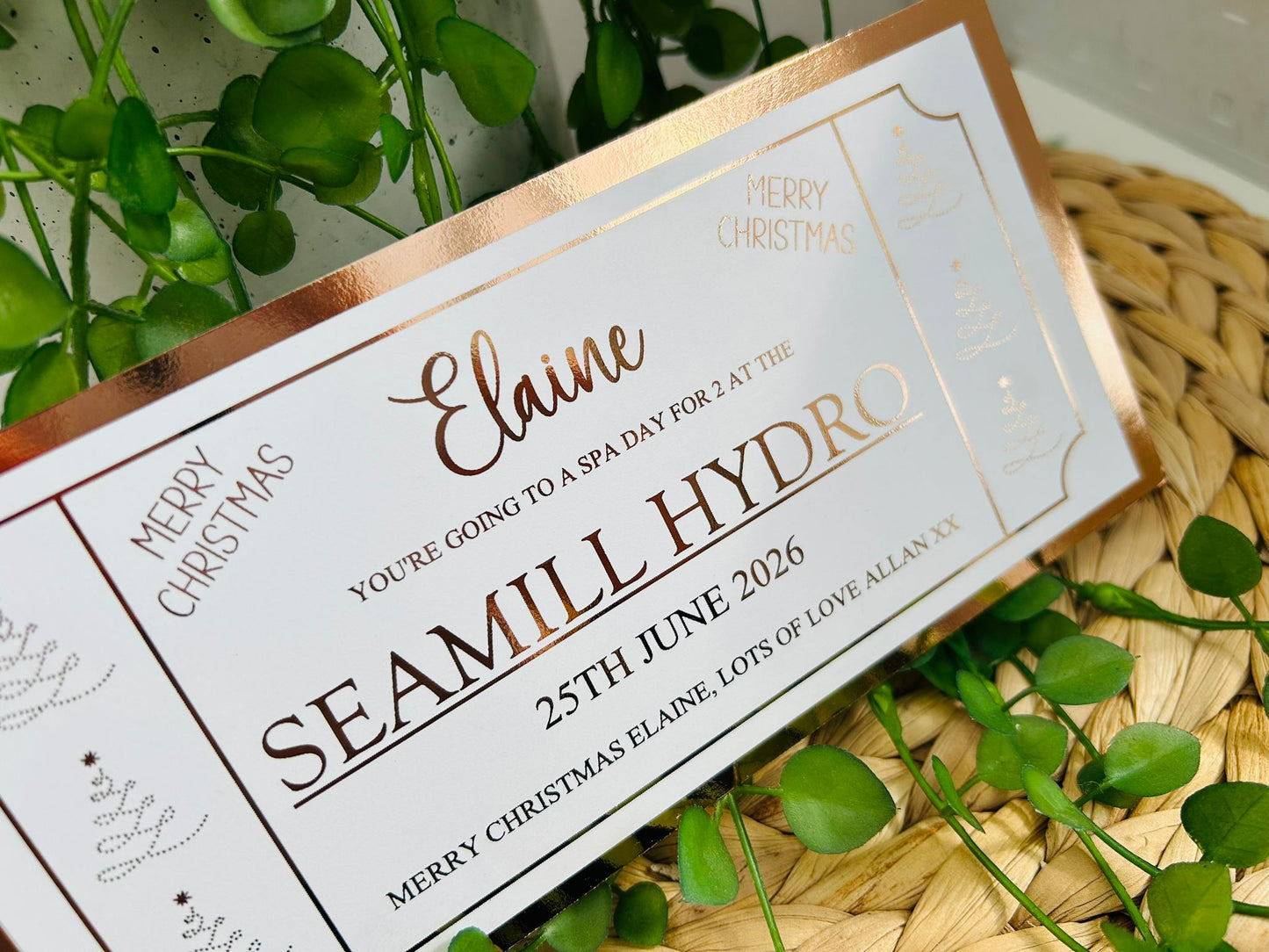 Personalised Foil Christmas Card, Surprise Foil Voucher Overnight Stay, Concert, Trip