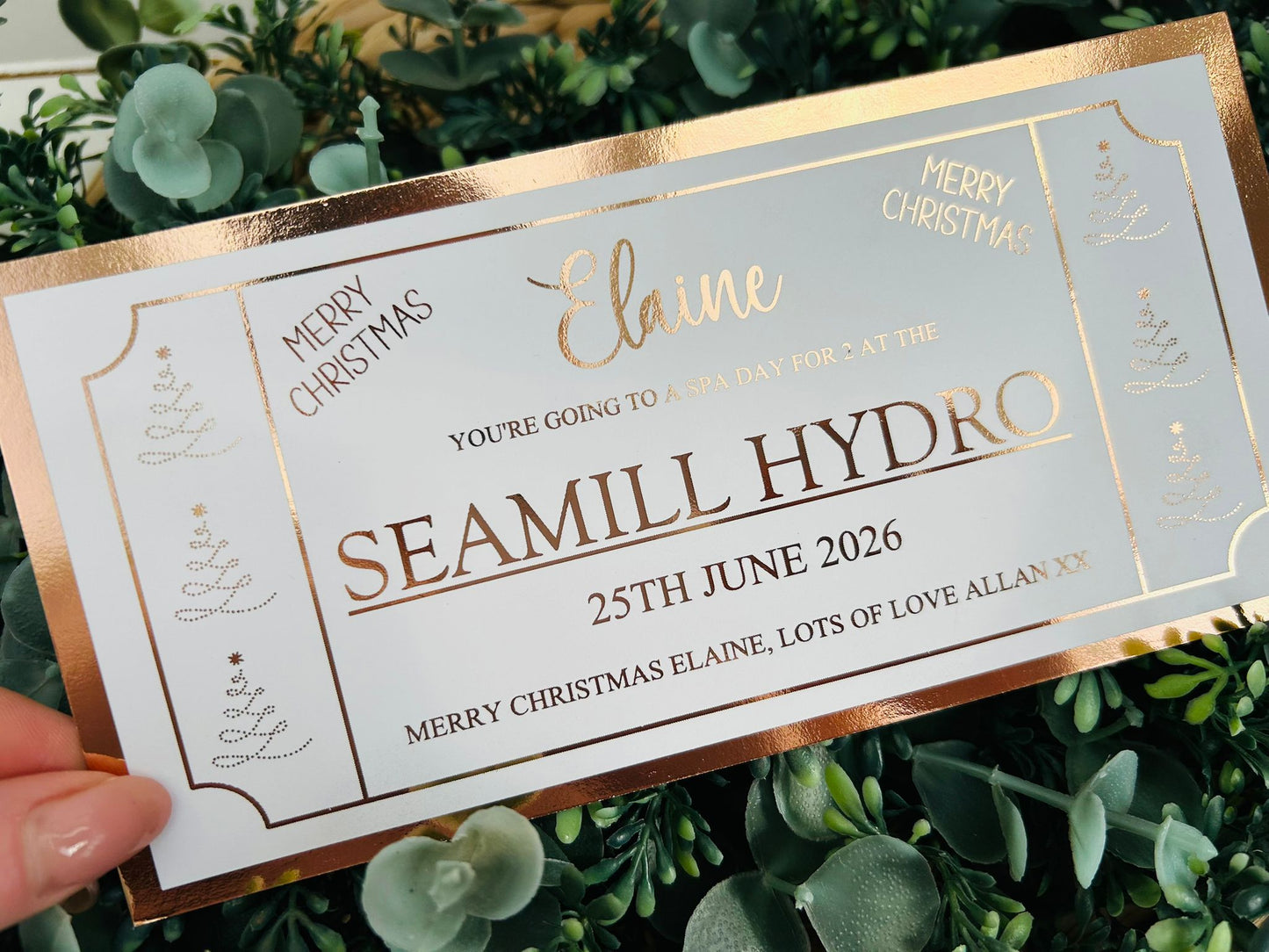 Personalised Foil Christmas Card, Surprise Foil Voucher Overnight Stay, Concert, Trip