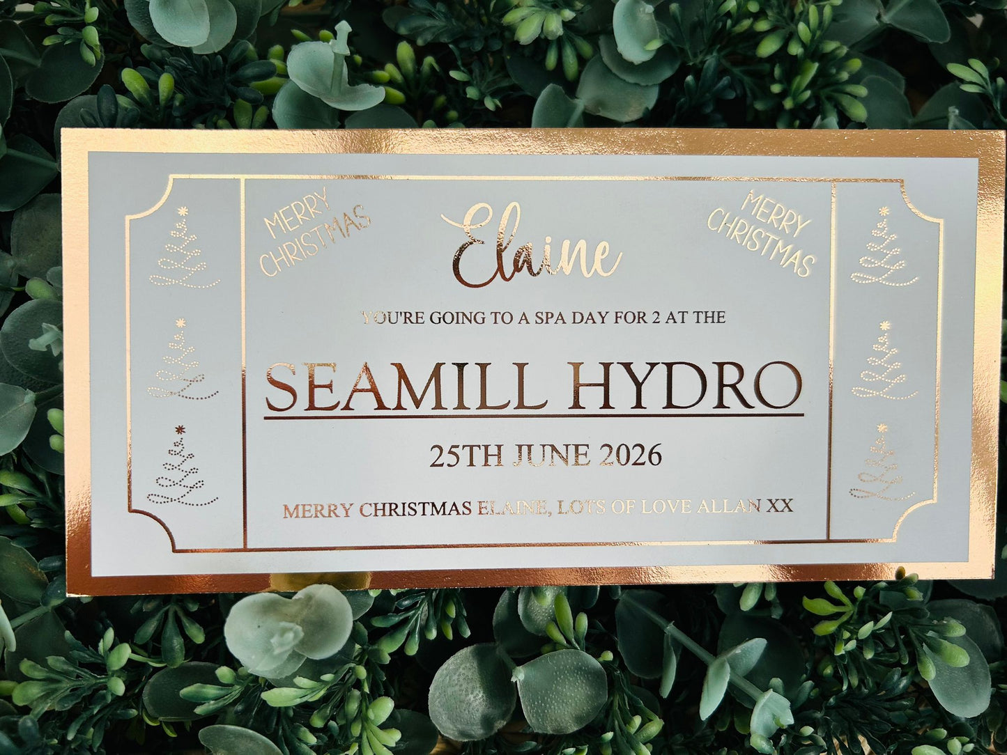 Personalised Foil Christmas Card, Surprise Foil Voucher Overnight Stay, Concert, Trip