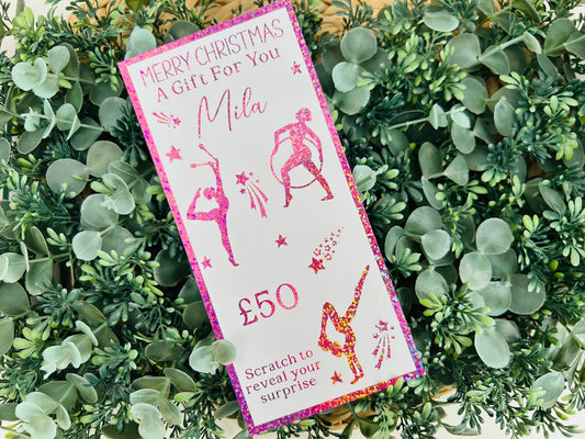 Personalised Foil Christmas Card, Surprise Reveal Scratch Off Ticket, Gymnastics