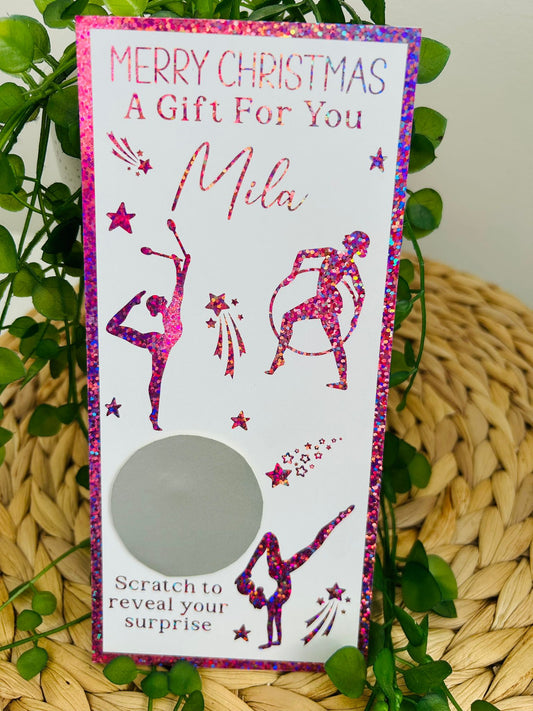 Personalised Foil Christmas Card, Surprise Reveal Scratch Off Ticket, Gymnastics