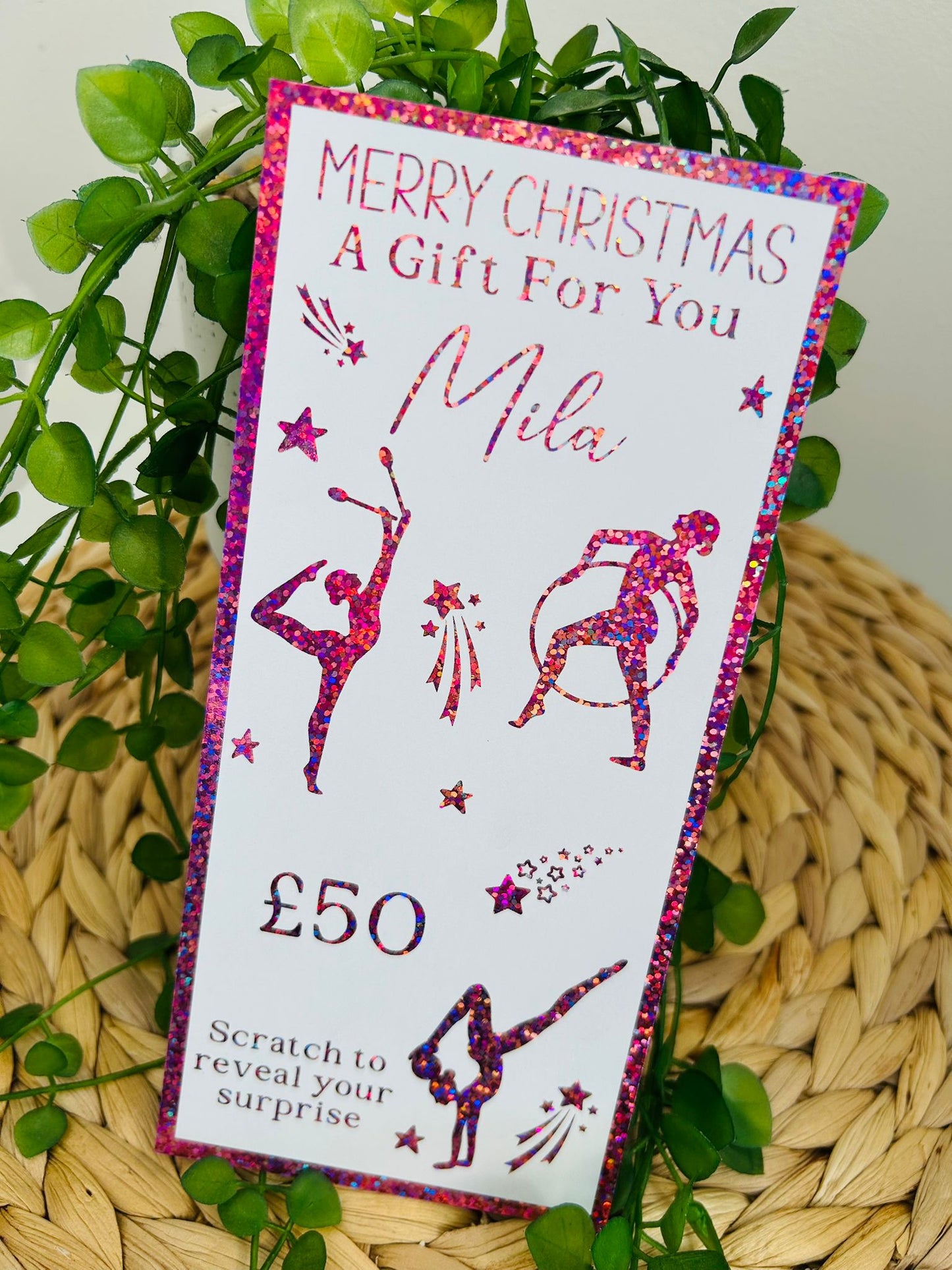 Personalised Foil Christmas Card, Surprise Reveal Scratch Off Ticket, Gymnastics