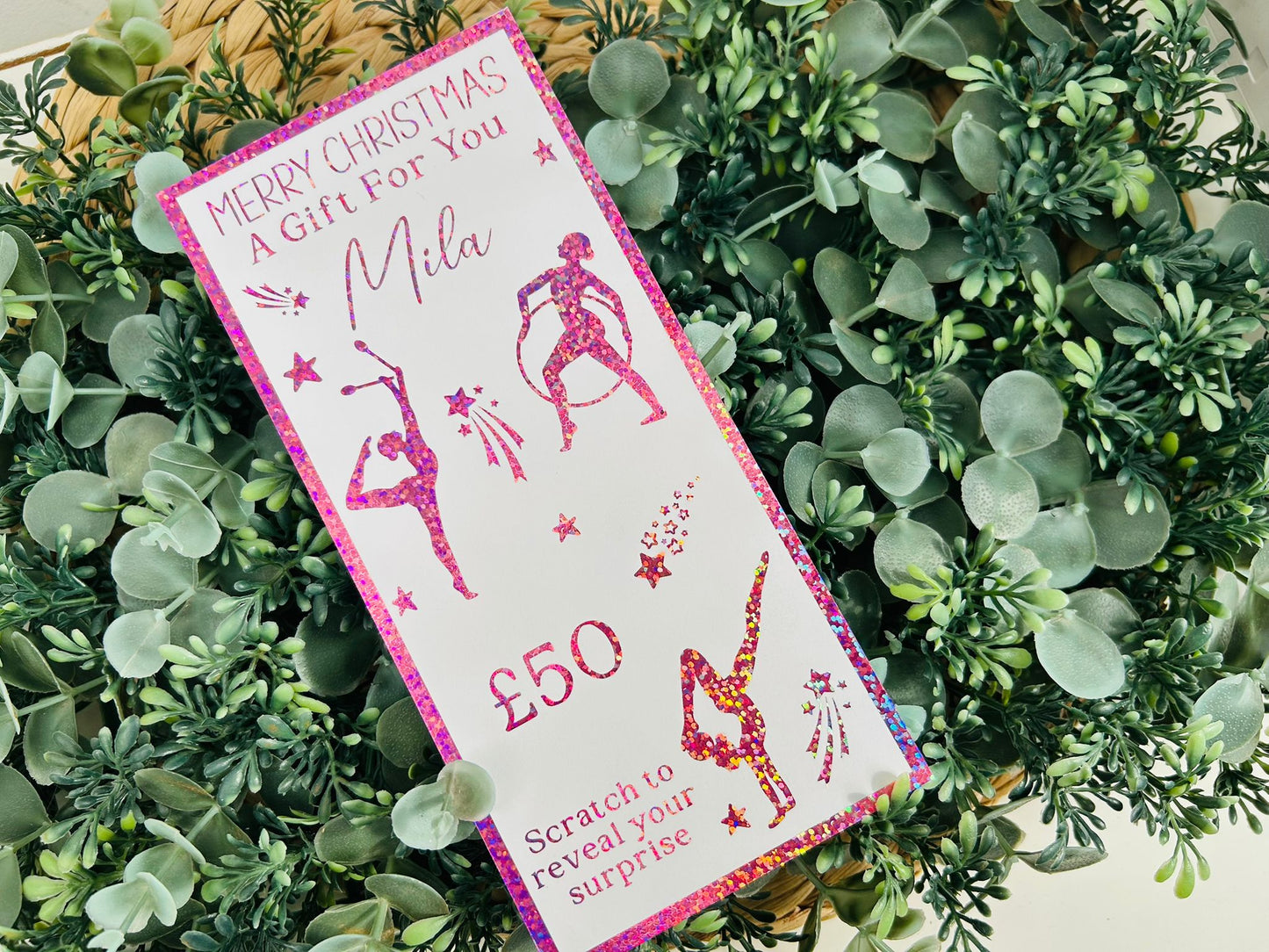 Personalised Foil Christmas Card, Surprise Reveal Scratch Off Ticket, Gymnastics