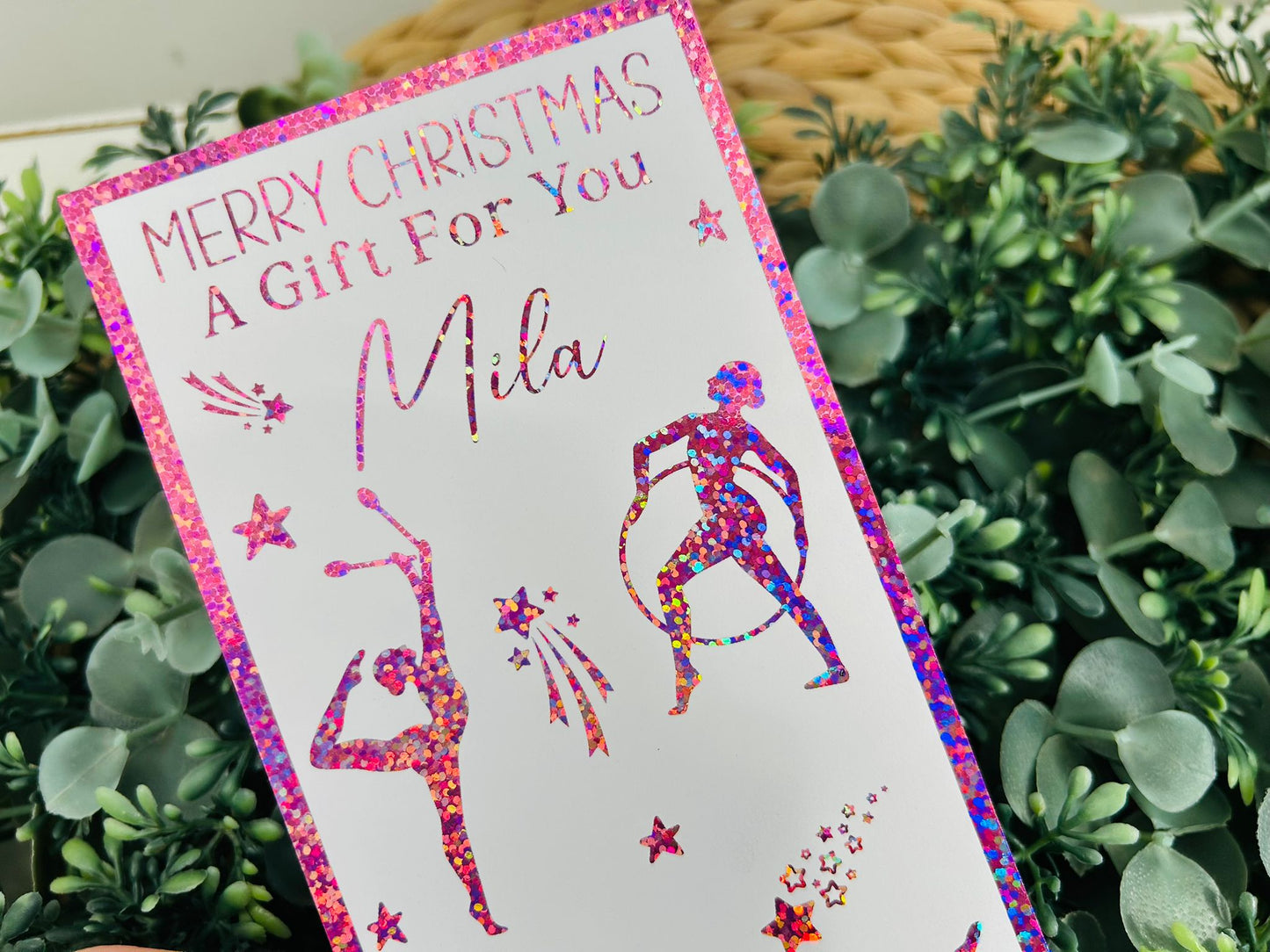 Personalised Foil Christmas Card, Surprise Reveal Scratch Off Ticket, Gymnastics