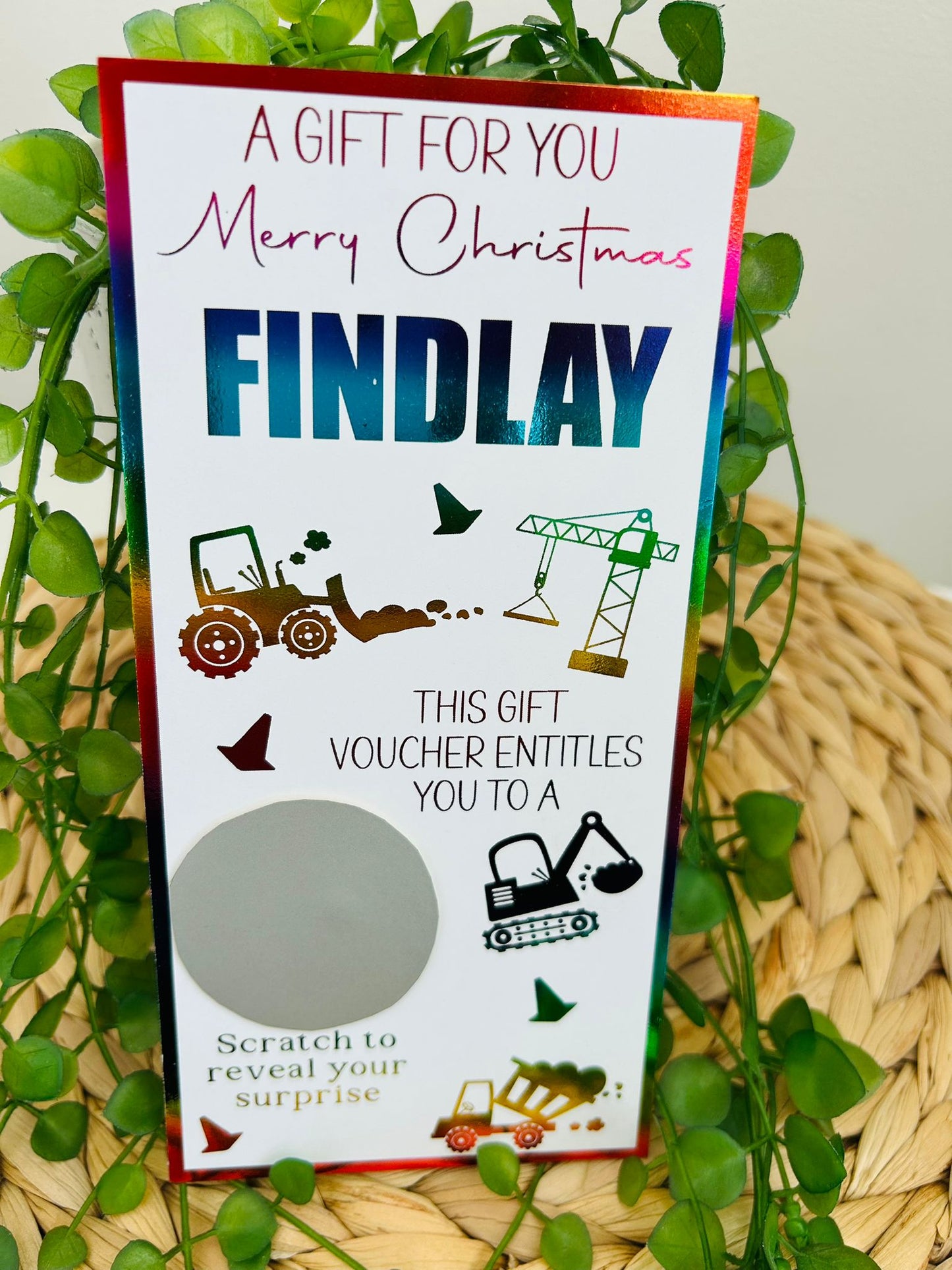 Personalised Foil Christmas Card, Surprise Reveal Scratch Off Ticket Construction Diggers