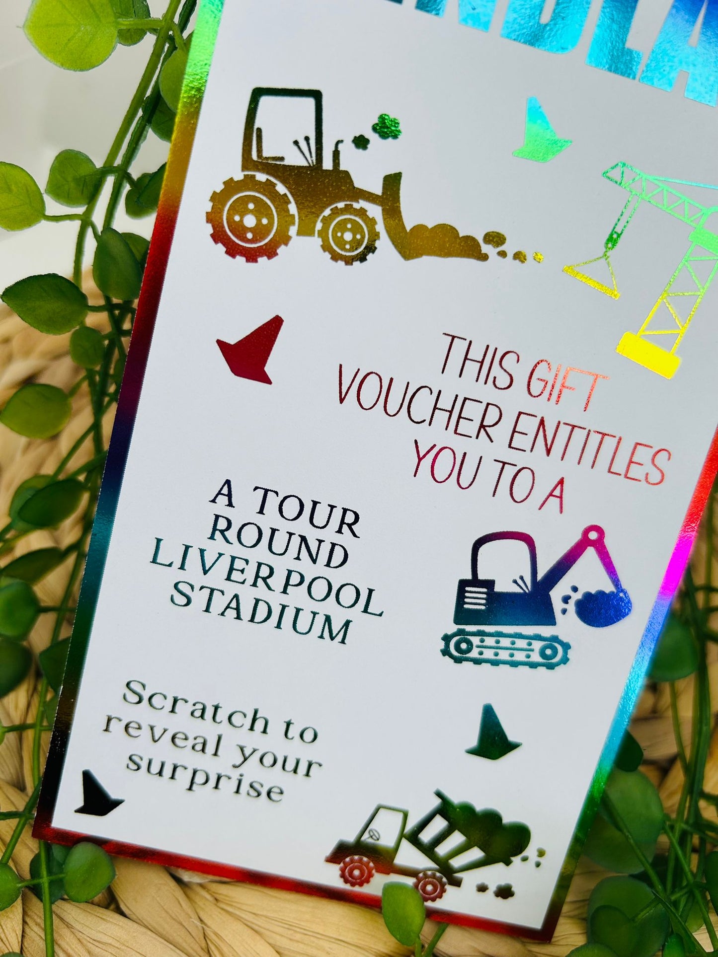 Personalised Foil Christmas Card, Surprise Reveal Scratch Off Ticket Construction Diggers