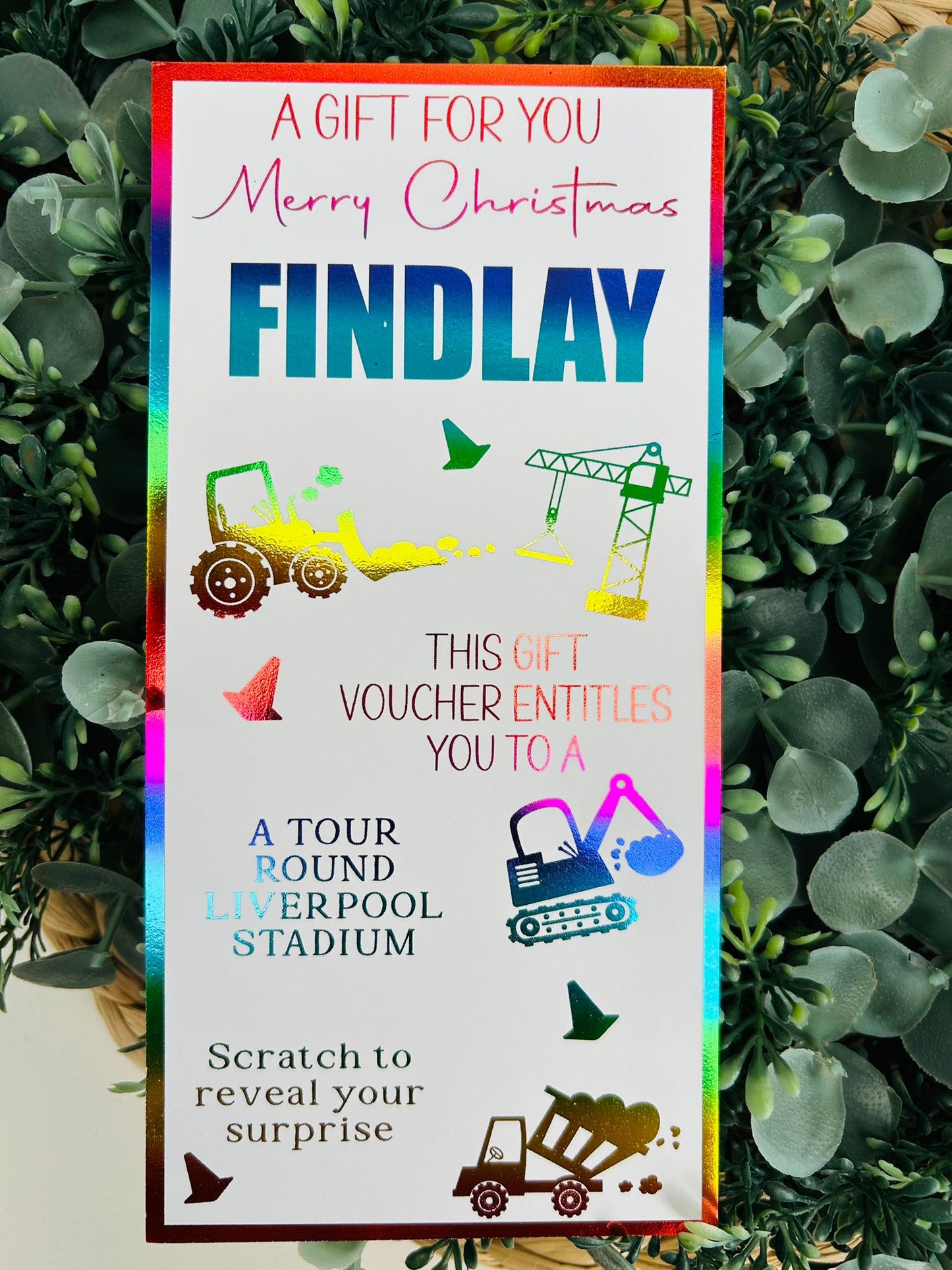 Personalised Foil Christmas Card, Surprise Reveal Scratch Off Ticket Construction Diggers