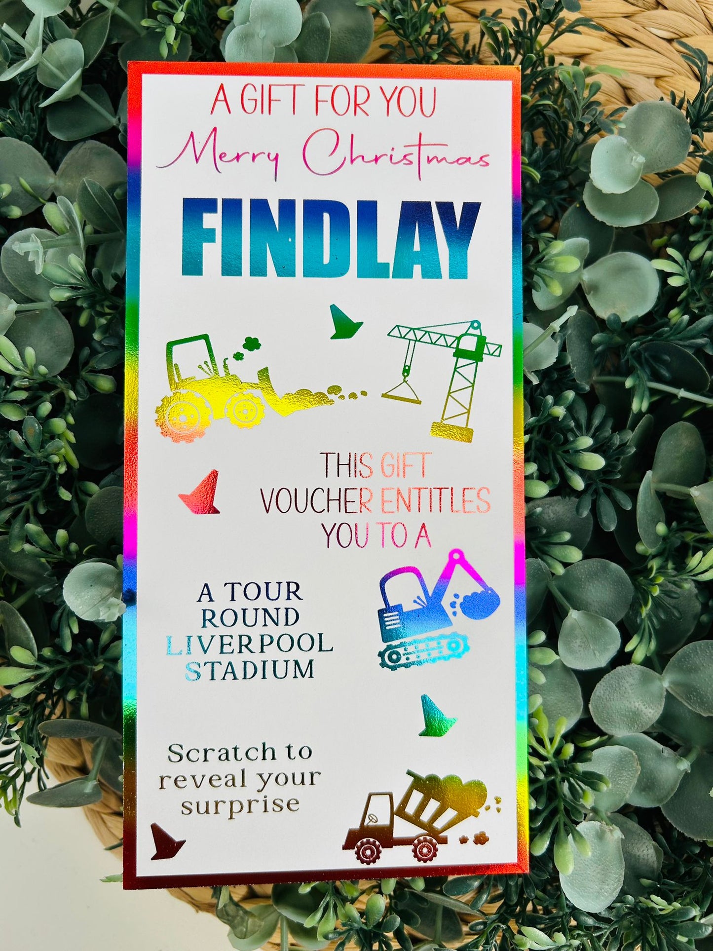 Personalised Foil Christmas Card, Surprise Reveal Scratch Off Ticket Construction Diggers