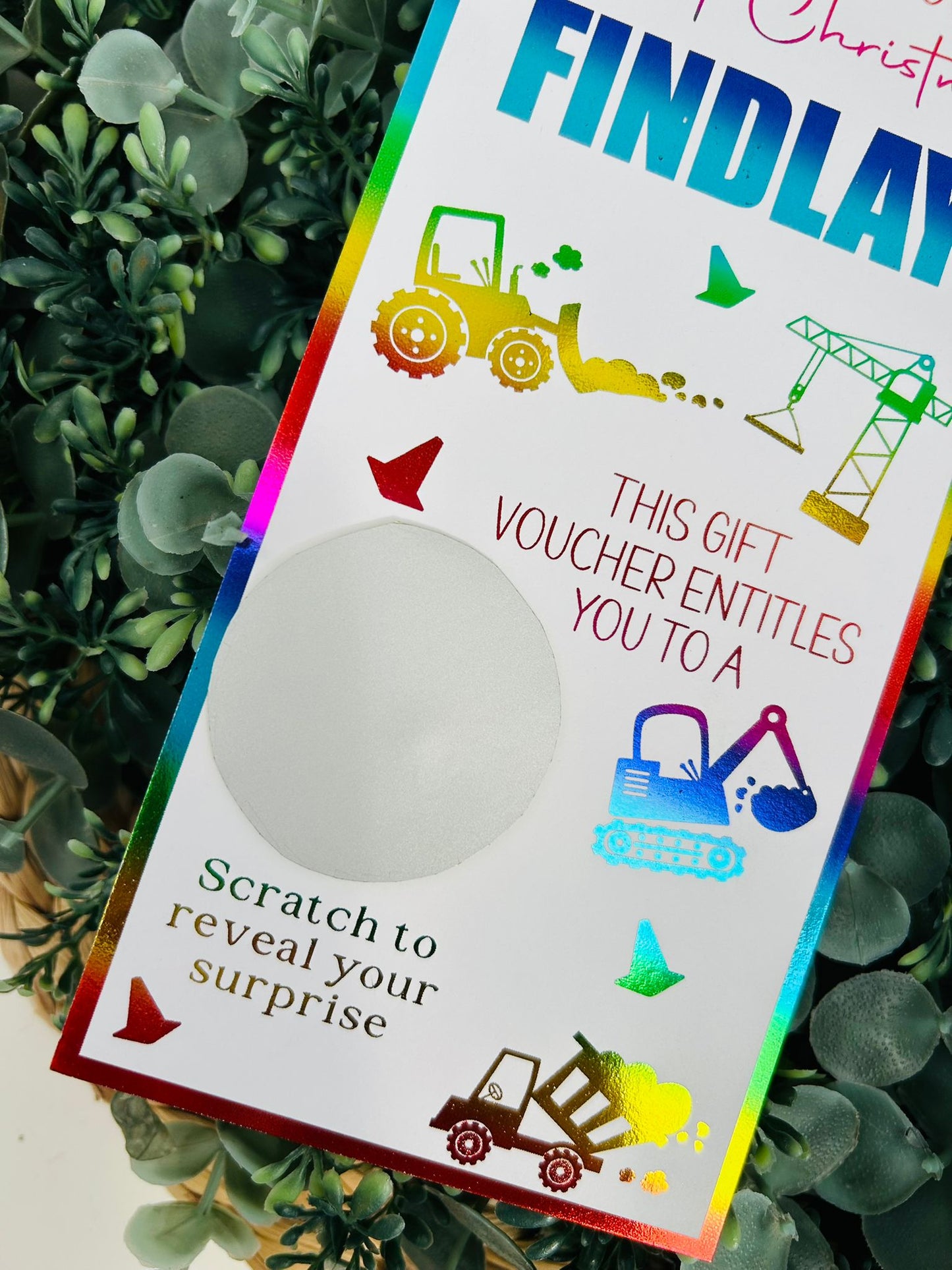 Personalised Foil Christmas Card, Surprise Reveal Scratch Off Ticket Construction Diggers