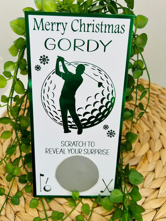 Personalised Foil Christmas Card, Surprise Reveal Scratch Off Ticket Golf, Golfing