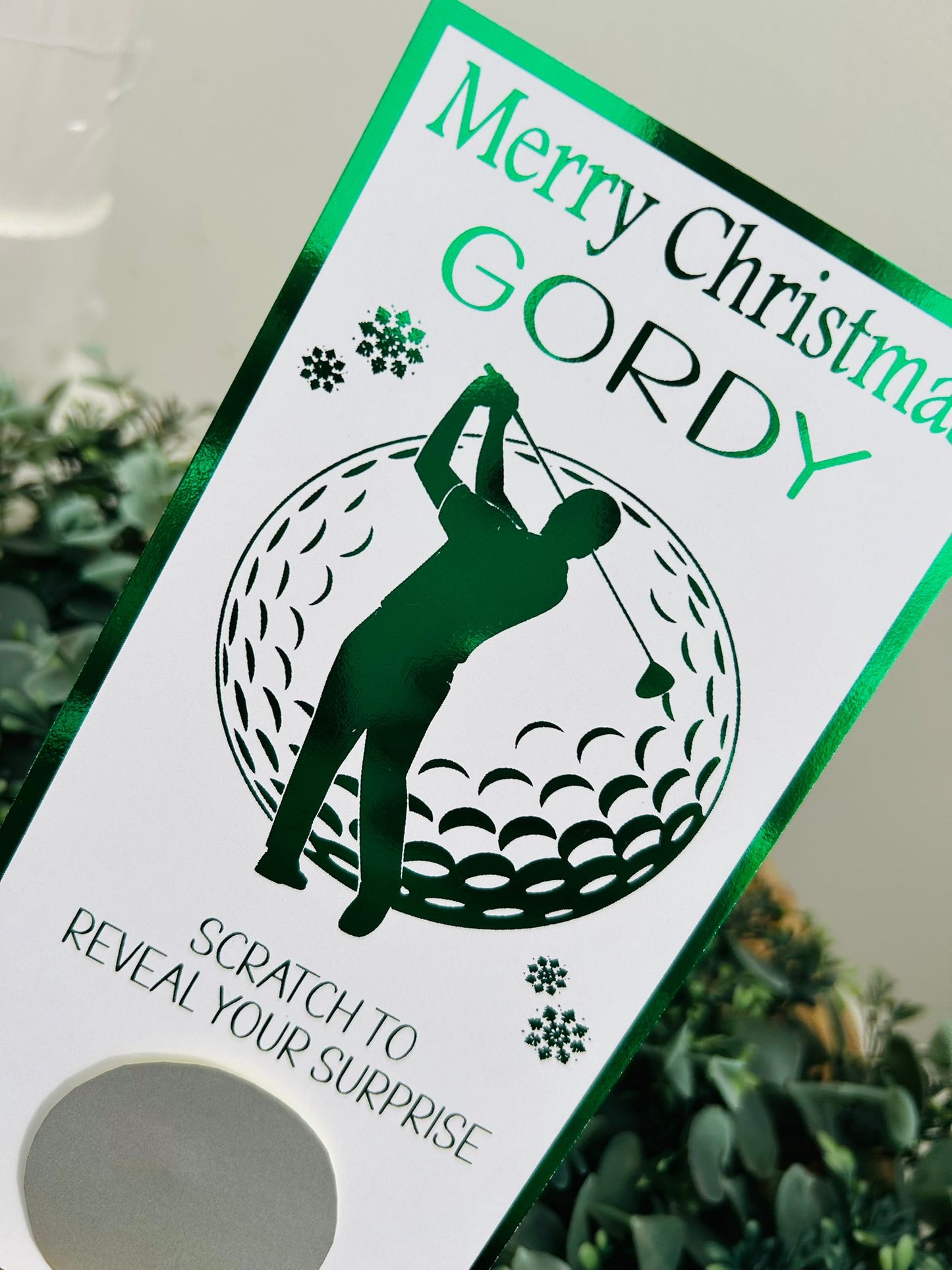 Personalised Foil Christmas Card, Surprise Reveal Scratch Off Ticket Golf, Golfing