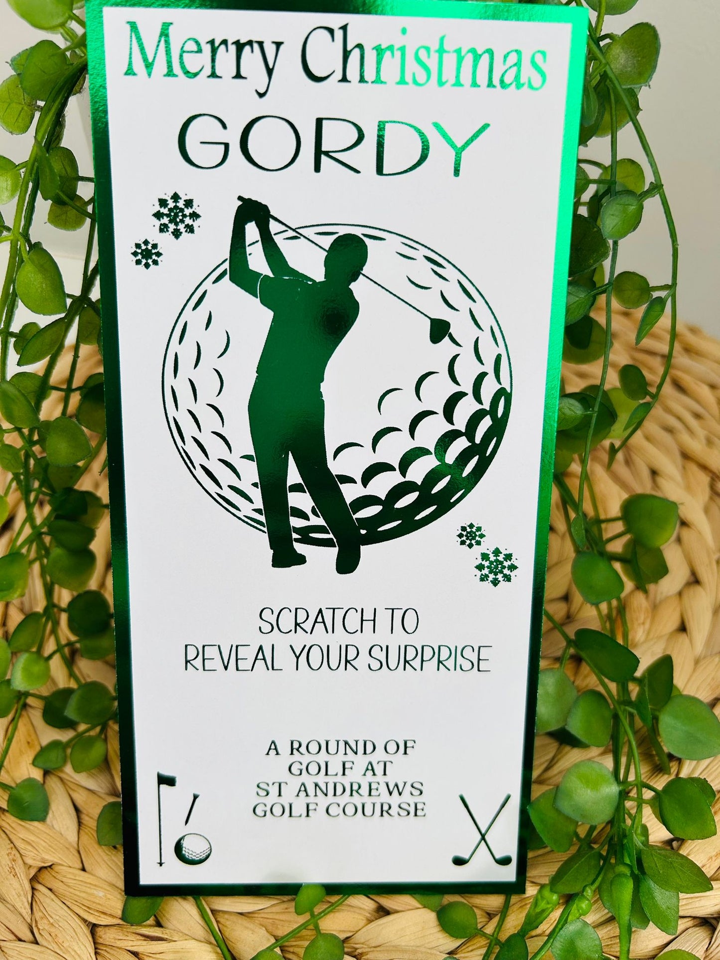 Personalised Foil Christmas Card, Surprise Reveal Scratch Off Ticket Golf, Golfing