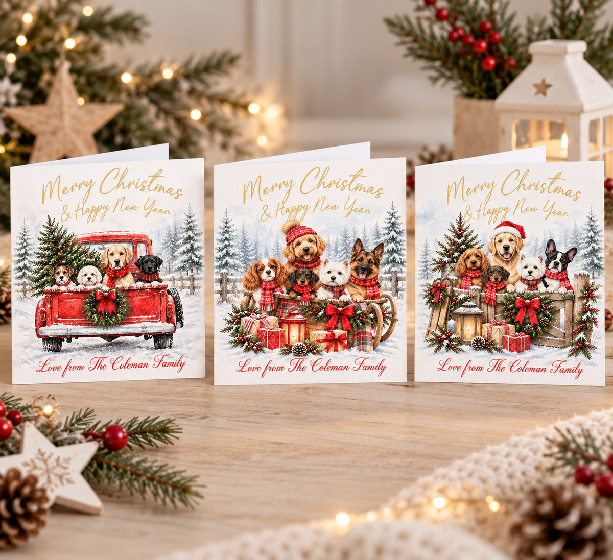 Pack of three festive Christmas dog cards featuring adorable dogs in snowy winter scenes with Christmas trees, gifts, wreaths and red and green decorations.
