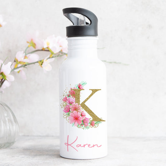 Personalised Water Bottle With Straw Gold Pink Floral Initial