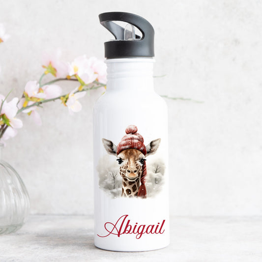 pesonalied water battle with straw, stainless steel, winter giraffe design on the front wth name