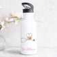 personalised water bottle with straw featuring love heart stethescope design for doctor or nurse with name on the front