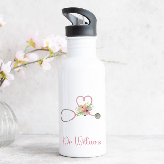 personalised water bottle with straw featuring love heart stethescope design for doctor or nurse with name on the front