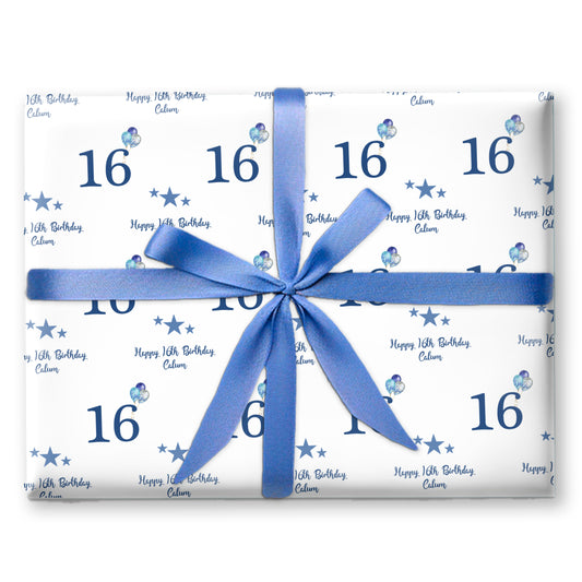 Personalised Birthday Wrapping Paper Blue Stars Balloons