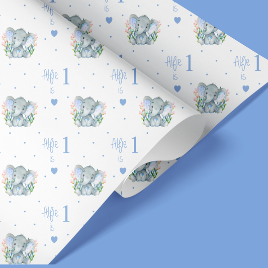 personalised blue elephant wrapping paper for boys birthday