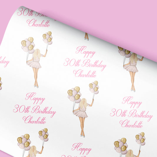 Personalised Birthday Gift Wrap Wrapping Paper Girl Balloons