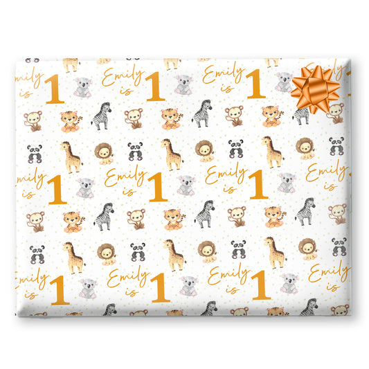 wrapping paper with name and age jungle safari animals design