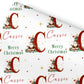 Personalised Christmas wrapping paper featuring Santa Claus, Christmas tree, large initial and name in red, green, gold and white festive design.