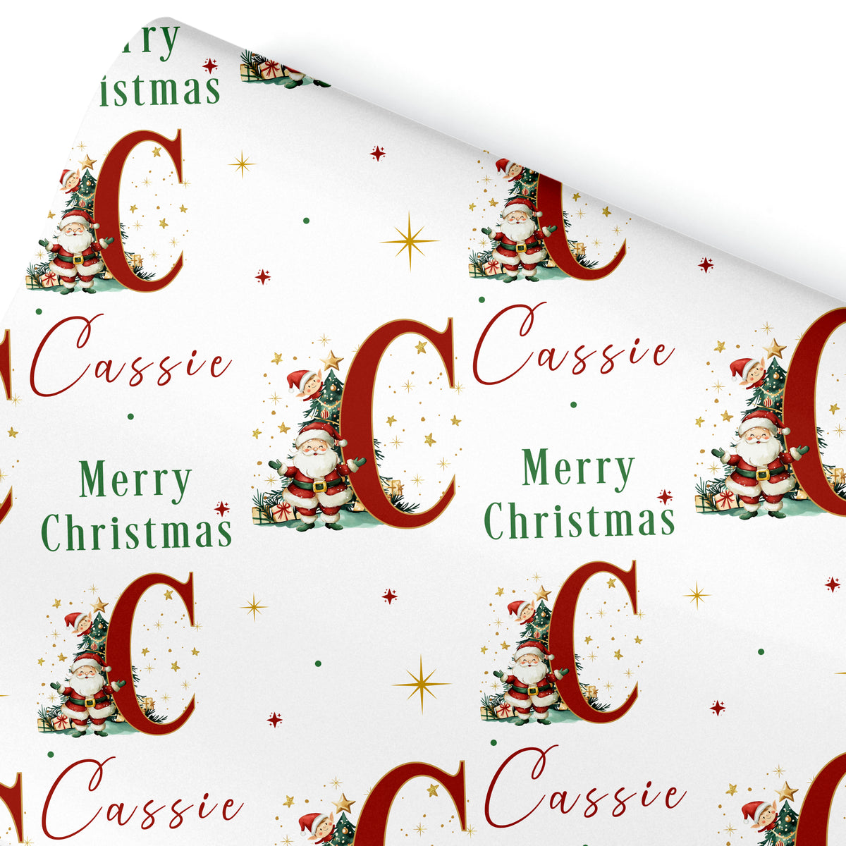 Personalised Christmas wrapping paper featuring Santa Claus, Christmas tree, large initial and name in red, green, gold and white festive design.