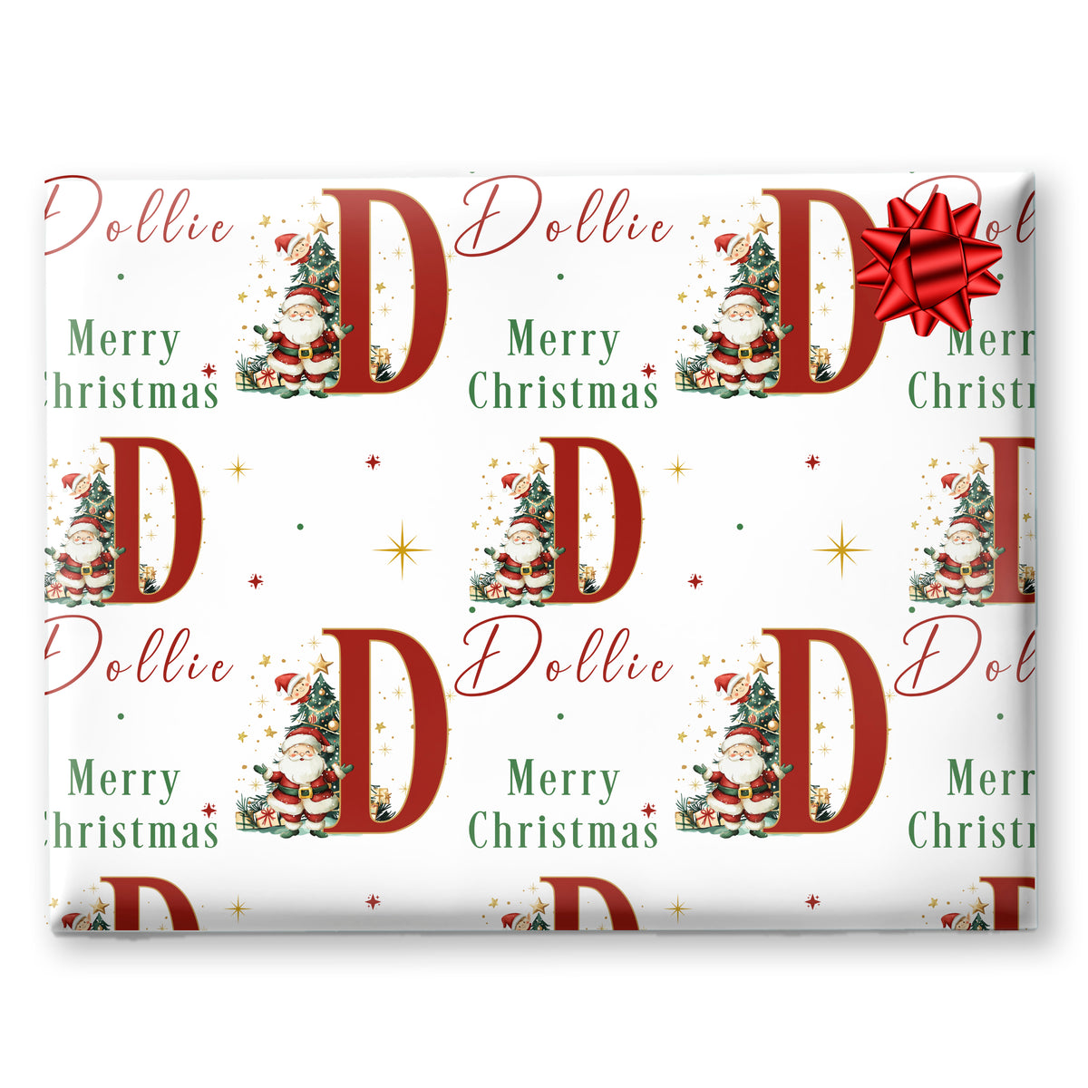 Personalised Christmas wrapping paper featuring Santa Claus, Christmas tree, large initial and name in red, green, gold and white festive design.