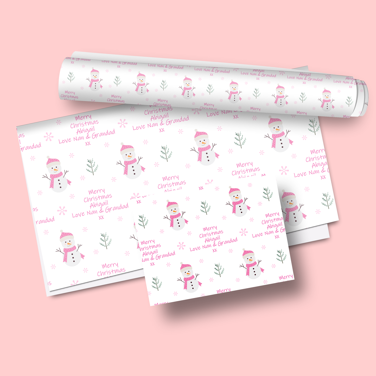 Personalised Christmas Wrapping Paper Pink Snowman