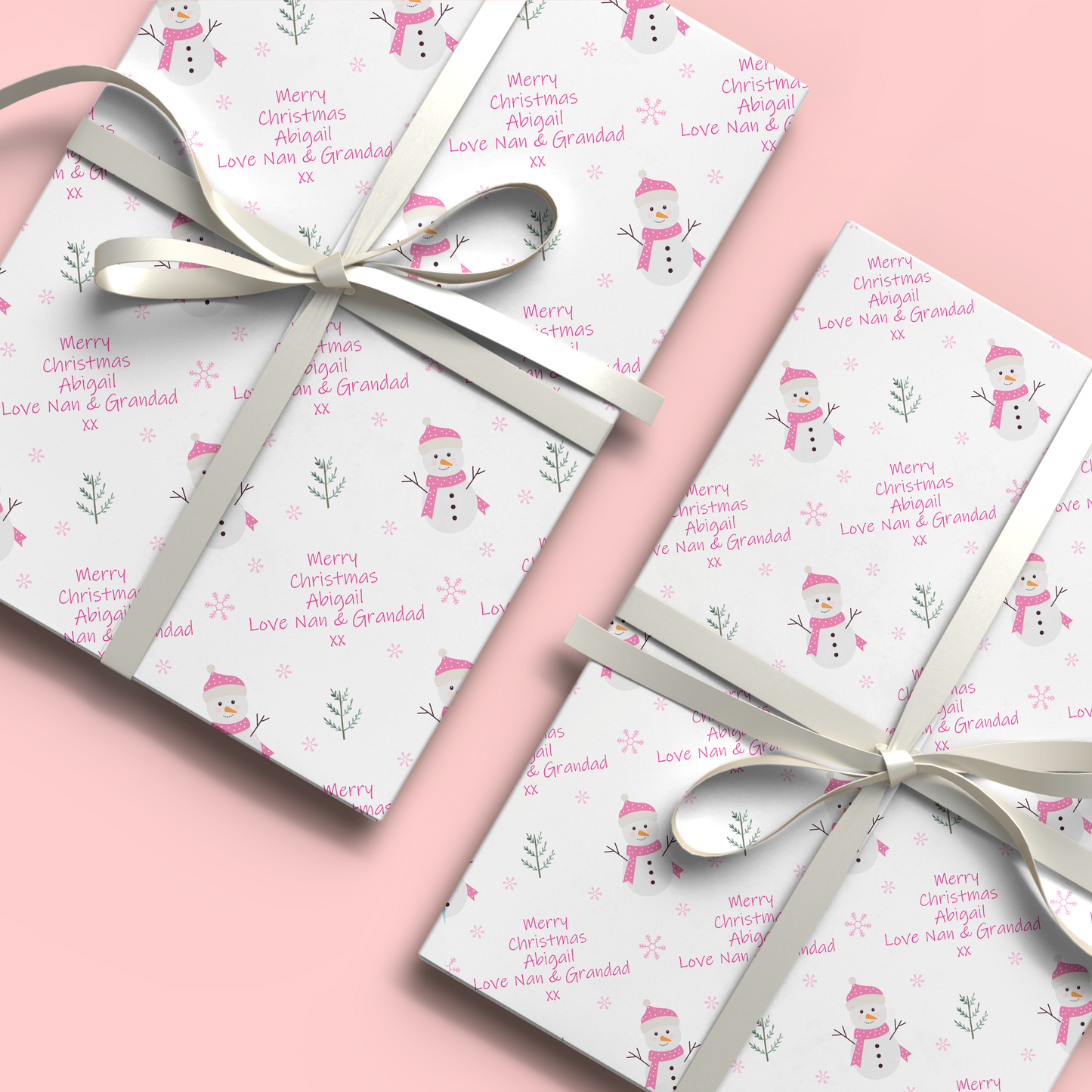 Personalised Christmas Wrapping Paper Pink Snowman