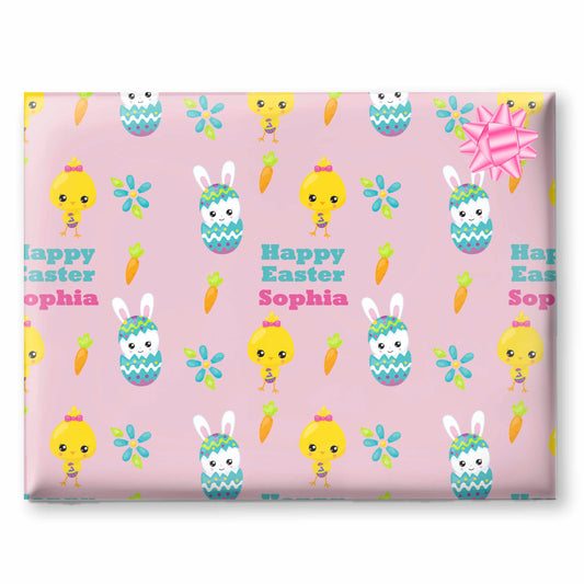 Easter Bunny Rabbit and Chick Pink Wrapping Paper