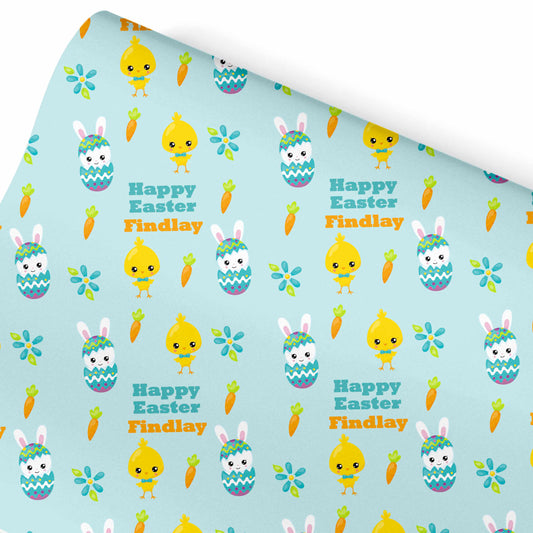 Easter Bunny Rabbit and Chick Blue Wrapping Paper