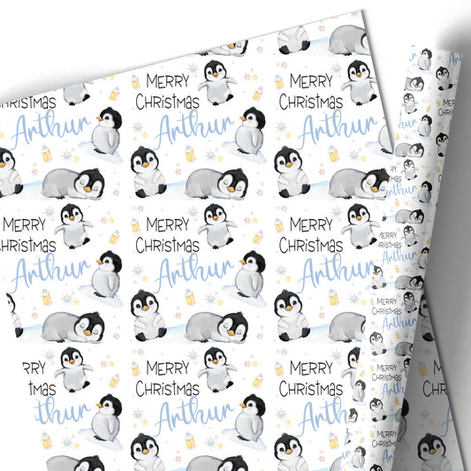 Christmas Gift Wrapping Paper –  Personalied Gift Wrap Roll, Cute Penguins Blue Name