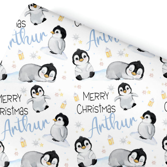 Christmas Gift Wrapping Paper –  Personalied Gift Wrap Roll, Cute Penguins Blue Name