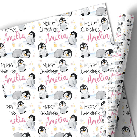 Christmas Gift Wrapping Paper –  Personalied Gift Wrap Roll, Cute Penguins Pink Name