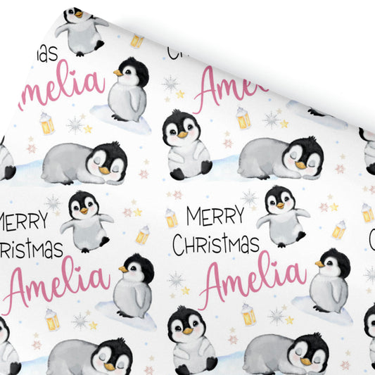 Christmas Gift Wrapping Paper –  Personalied Gift Wrap Roll, Cute Penguins Pink Name