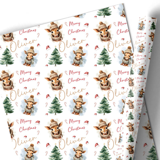 Christmas Gift Wrapping Paper –  Personalied Gift Wrap Roll, Giraffe Brown Scarf