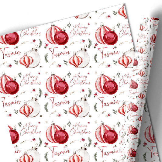 Christmas Gift Wrapping Paper –  Personalised Gift Wrap Roll - Candy Stripe Baubles