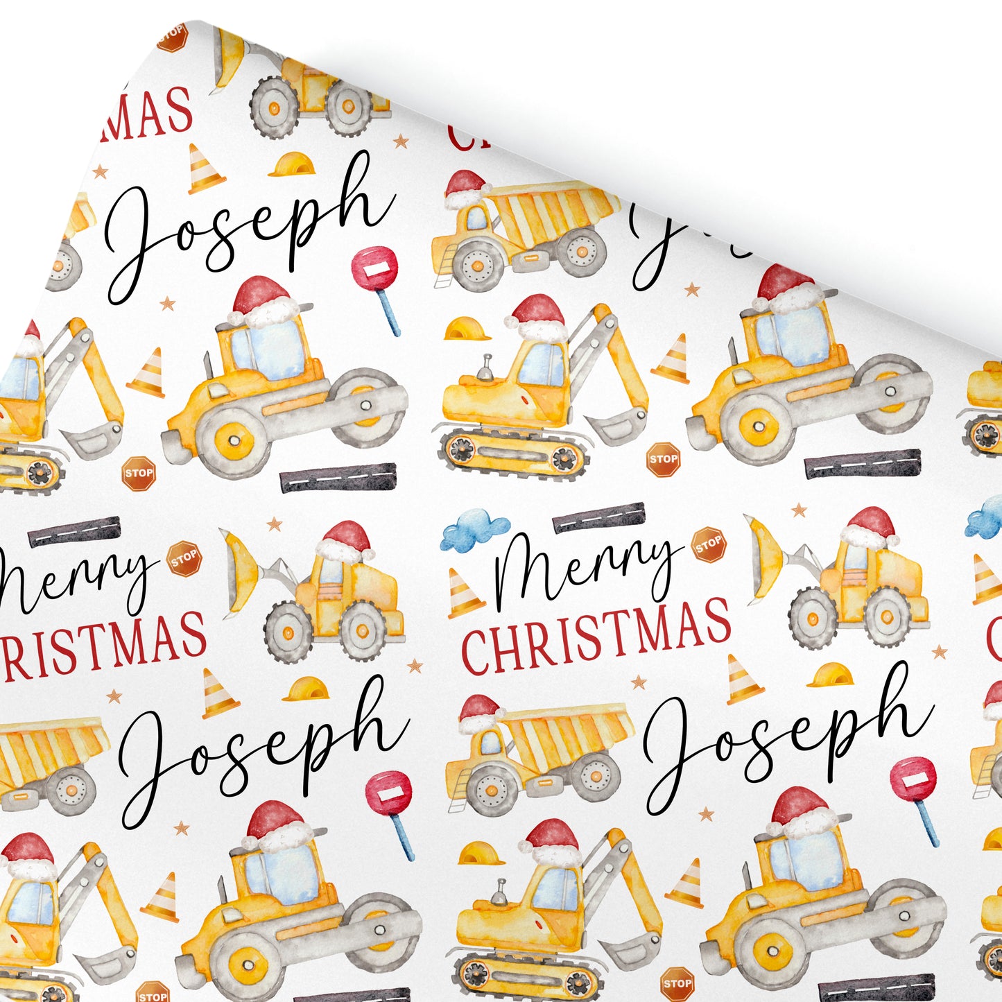 Christmas Gift Wrapping Paper –  Personalised Children's Gift Wrap Roll - Construction Diggers