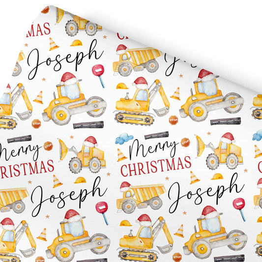 Christmas Gift Wrapping Paper –  Personalised Children's Gift Wrap Roll - Construction Diggers
