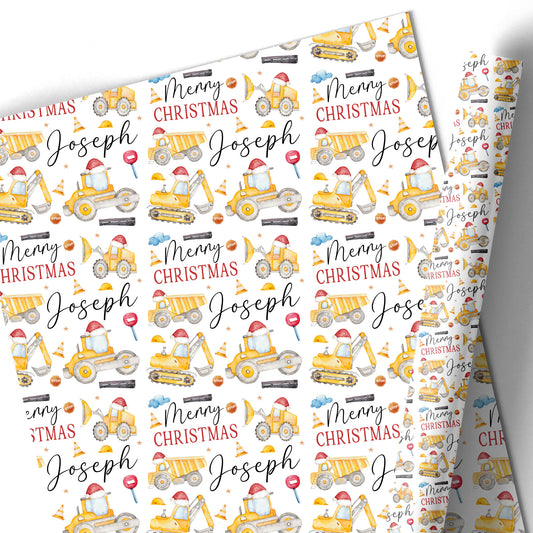 Christmas Gift Wrapping Paper –  Personalised Children's Gift Wrap Roll - Construction Diggers